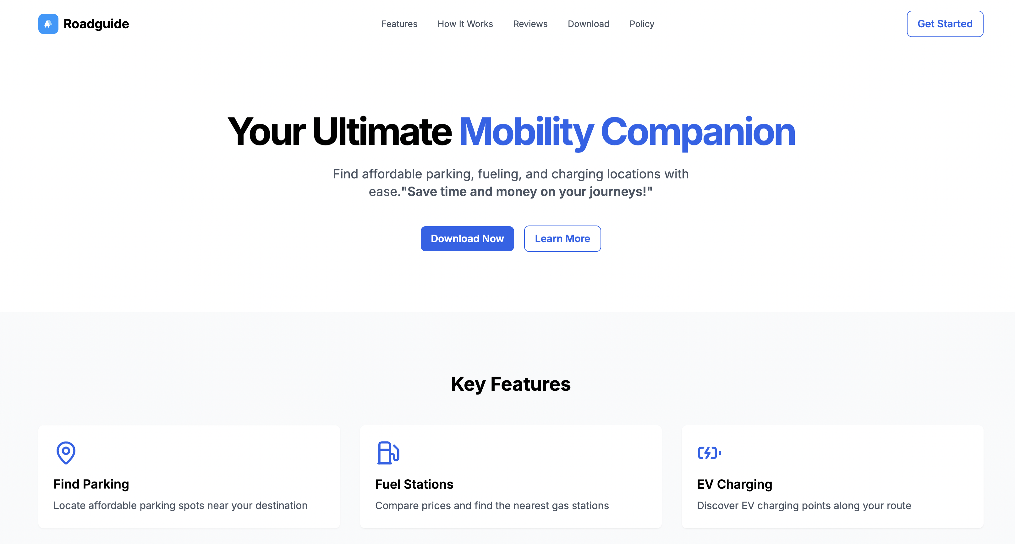 Roadguide SaaS website gebouwd met Next.js en Tailwind CSS