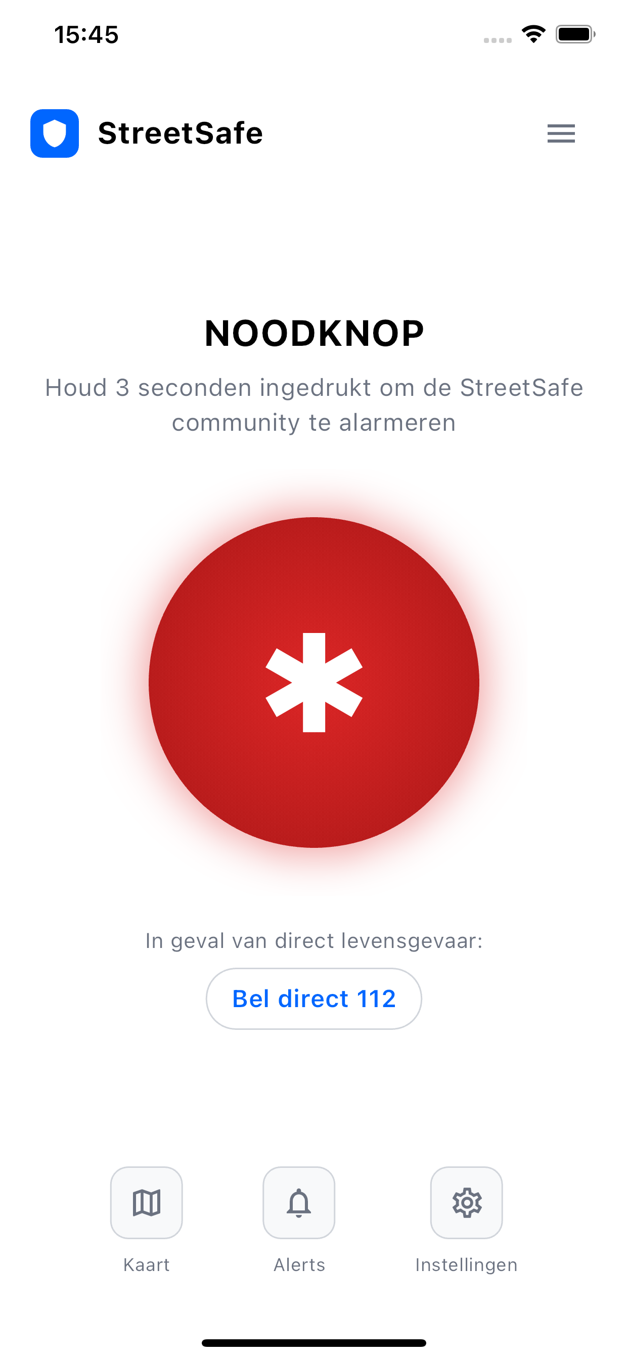 StreetSafe veiligheidsapp hoofdscherm met noodknop functionaliteit